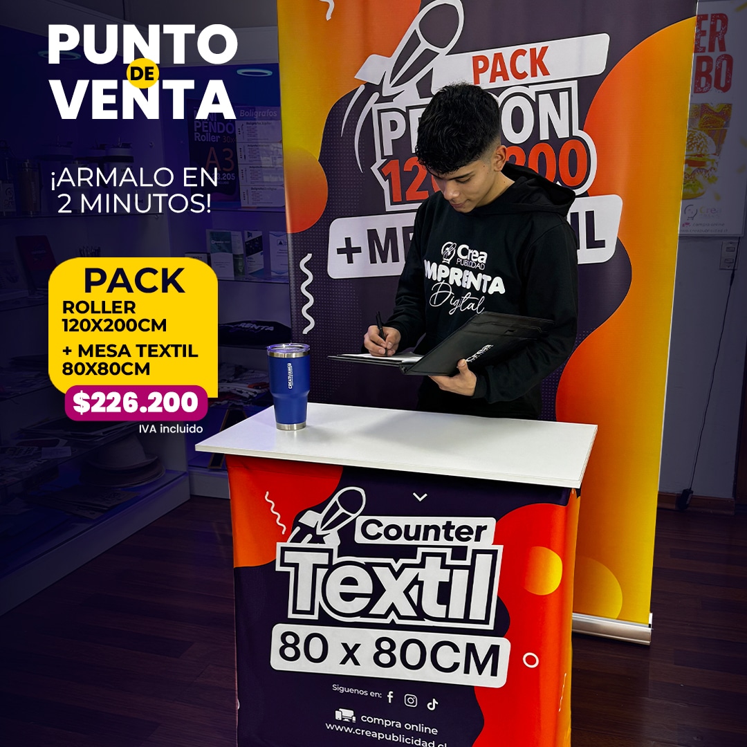 Punto de Venta Roller 120x200 + Mesa Textil 80x80