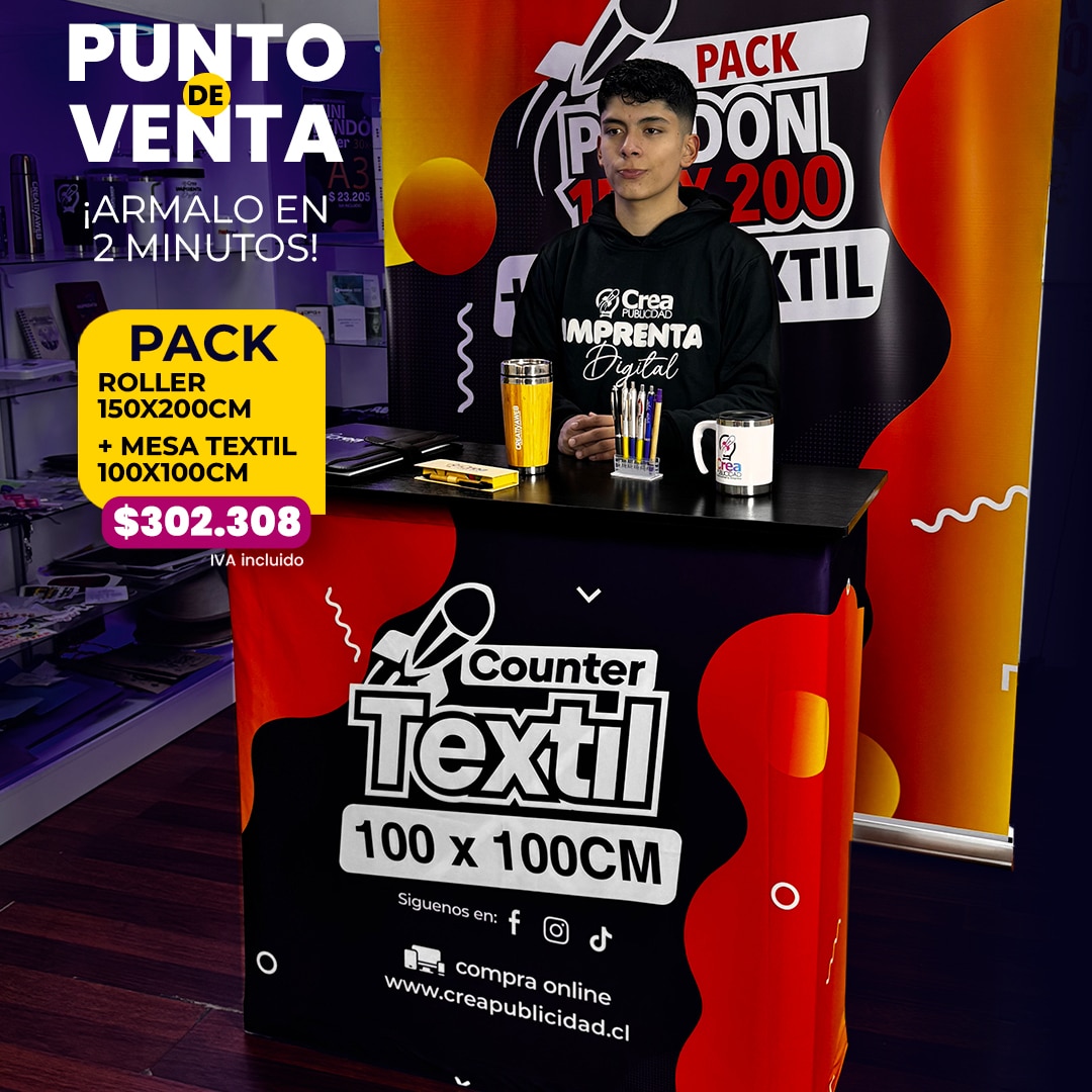 Punto de Venta Roller 150x200 + Mesa Textil 100x100